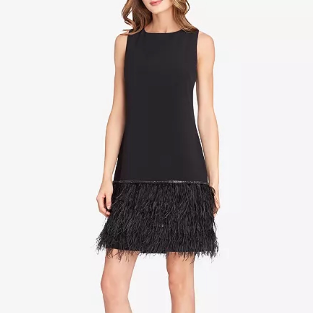 Tahari Asl Women's Sleeveless Round Neck Feather Trim Shift Dress Size 2